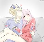  2girls artist_name artoria_pendragon_(all) artoria_pendragon_(lancer_alter) blonde_hair blue_shirt blush braid casual closed_eyes collarbone controller couch fate/grand_order fate_(series) florence_nightingale_(fate/grand_order) french_braid head_kiss heart holding horns kiss long_hair long_sleeves multiple_girls pink_hair red_eyes red_shirt remote_control shirt sitting udon-udon yuri 