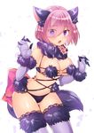  :o animal_ears ass_visible_through_thighs bare_shoulders blush bow breasts cleavage dangerous_beast detached_collar elbow_gloves eyebrows_visible_through_hair eyes_visible_through_hair fate/grand_order fate_(series) fur-trimmed_gloves fur-trimmed_legwear fur_collar fur_trim gloves hair_over_one_eye highres large_breasts leaning_forward looking_at_viewer mash_kyrielight mozzarella navel open_mouth pink_bow pink_hair purple_eyes purple_gloves purple_legwear revealing_clothes shiny shiny_hair shiny_skin short_hair simple_background solo standing stomach white_background wolf_ears 