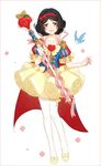  adapted_costume bird black_hair bow brown_eyes bubble_skirt cape choker disney flower hair_bow hair_ribbon hakusai_(tiahszld) high_collar looking_at_viewer magical_girl open_mouth pauldrons puffy_short_sleeves puffy_sleeves ribbon short_hair short_sleeves simple_background skirt smile snow_white_(disney) snow_white_and_the_seven_dwarfs solo staff white_background white_legwear 