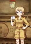  absurdres alternate_costume artist_name bangs bare_legs belt blonde_hair blue_eyes braid brown_belt closed_mouth commentary cup darjeeling desert_pattern emblem eyebrows flower girls_und_panzer ground_vehicle hand_on_hip highres holding holding_cup jacy looking_at_viewer machinery military military_uniform military_vehicle motor_vehicle short_hair shorts sleeves_folded_up sleeves_rolled_up smile solo st._gloriana's_(emblem) standing tank teacup teapot tied_hair twin_braids uniform 