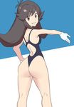  1girl ass blue_(pokemon) breasts brown_eyes brown_hair from_behind full_body gloves highleg_swimsuit long_hair looking_at_viewer one-piece_swimsuit pokemon pokemon_frlg smile solo swimsuit 