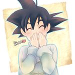  black_eyes black_hair blush blush_stickers chinese_clothes closed_eyes dragon_ball dragon_ball_z hand_to_own_mouth happy heart long_sleeves male_focus rochiko_(bgl6751010) shirt short_hair simple_background solo son_goten spiked_hair translation_request white_background white_shirt 
