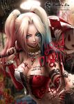  1girl blue_eyes breasts choker cleavage dc_comics harley_quinn lipstick makeup rachta_lin twintails 