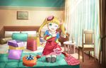  artist_request bag bed bedroom blonde_hair bow chair frills green_eyes hair_bow hair_ornament idolmaster idolmaster_cinderella_girls idolmaster_cinderella_girls_starlight_stage indoors jpeg_artifacts kneeling looking_at_viewer mary_cochran official_art on_bed paper_bag red_skirt room shoes shopping_bag skirt smile solo stuffed_animal stuffed_toy table teddy_bear twintails 