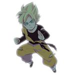  black_shirt blonde_hair blue_eyes clenched_hand dougi dragon_ball dragon_ball_z fighting_stance frown long_sleeves looking_at_viewer lowres male_focus rochiko_(bgl6751010) serious shirt short_hair simple_background solo son_goten spiked_hair super_saiyan white_background 