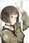  absurdres black_choker black_shirt bob_cut choker cigarette closed_mouth from_side grey_hair hand_up highres hiranko holding holding_cigarette jacket jewelry leon_the_professional long_sleeves mathilda_lando necklace shirt short_hair smoke solo upper_body yellow_eyes 