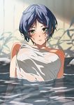  absurdres bangs bare_shoulders blue_hair blurry blurry_background blush breasts closed_mouth commentary_request depth_of_field fukushi_ryouhei hayami_kanade highres idolmaster idolmaster_cinderella_girls looking_at_viewer medium_breasts naked_towel parted_bangs partially_submerged short_hair solo towel upper_body wet wet_hair wet_towel yellow_eyes 