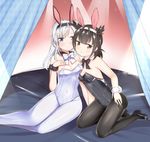  animal_ears bed black_footwear black_hair black_leotard black_neckwear bow bowtie breast_suppress breasts brown_eyes bunny_ears bunny_girl bunny_tail bunnysuit canopy_bed curtains detached_collar fake_animal_ears grey_eyes hatsuzuki_(kantai_collection) high_heels kantai_collection leotard long_hair medium_breasts multiple_girls pantyhose pumps re-arusu short_hair sitting small_breasts strapless strapless_leotard suzutsuki_(kantai_collection) tail white_hair white_leotard white_neckwear wrist_cuffs yokozuwari 