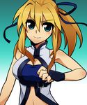  1girl aqua_eyes bare_shoulders blonde_hair blue_bra bra breasts fingerless_gloves genderswap genderswap_(mtf) gloves guilty_gear highres ky_kiske kyko long_hair m.u.g.e.n medium_breasts navel ribbon 