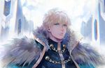  aqua_eyes armor blonde_hair breastplate cape closed_mouth eyebrows_visible_through_hair fate/grand_order fate/prototype fate_(series) fur_collar fur_trim gawain_(fate/extra) gawain_(fate/grand_order) hair_between_eyes looking_at_viewer male_focus outdoors shutsuri solo upper_body 