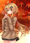  :o ahoge antenna_hair autumn autumn_leaves bangs black_ribbon black_skirt blonde_hair blurry blurry_background blush brown_coat coat depth_of_field eyebrows_visible_through_hair fingers_together hair_between_eyes hair_ornament hair_ribbon hairclip highres komori_kuzuyu long_hair long_sleeves looking_at_viewer low_twintails miniskirt nao_(kuzuya) open_mouth orange_scarf original pleated_skirt ribbon scarf shiny shiny_hair sidelocks skirt sleeves_past_wrists solo twintails x_hair_ornament yellow_eyes 