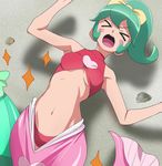  &gt;_&lt; blush_stickers breasts calen_(time_bokan) closed_eyes green_hair haruyama_kazunori medium_breasts mermaid_costume navel open_mouth ponytail pubic_hair pubic_hair_peek short_hair solo time_bokan_(series) time_bokan_24 underboob 