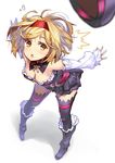  1girl bare_shoulders blonde_hair boots breasts cleavage cosplay detached_collar detached_sleeves djeeta_(granblue_fantasy) eyebrows_visible_through_hair fate/grand_order fate_(series) flying_sweatdrops frill_trim full_body granblue_fantasy hairband hat hat_removed headwear_removed helena_blavatsky_(fate/grand_order) helena_blavatsky_(fate/grand_order)_(cosplay) hong_(white_spider) kanemoto_hisako leaning_forward looking_up medium_breasts open_mouth outstretched_arms pigeon-toed seiyuu_connection short_hair skirt sleeves_past_wrists solo standing thighhighs white_sleeves yellow_eyes 