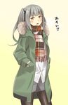  alternate_costume black_legwear blush bow brown_eyes casual coat commentary_request hair_bow hair_ribbon hands_in_pockets highres kantai_collection kasumi_(kantai_collection) long_hair looking_at_viewer negahami open_mouth pantyhose ribbon scarf shorts side_ponytail silver_hair simple_background solo translated winter_clothes winter_coat yellow_background 