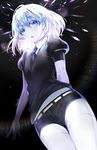  androgynous belt black_background black_neckwear black_shorts collared_shirt diamond_(houseki_no_kuni) elbow_gloves eyelashes gem_uniform_(houseki_no_kuni) gendo0032 gloves houseki_no_kuni multicolored_hair necktie open_mouth shiny shiny_hair shirt short_hair short_sleeves shorts silver_eyes simple_background solo sparkle thighhighs uniform white_belt white_gloves white_legwear white_skin 