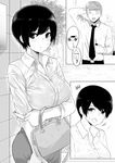  1girl absurdres bag black_neckwear bra_through_clothes breasts car_keys collared_shirt comic commentary cowboy_shot greyscale hand_behind_head handbag highres large_breasts long_sleeves monochrome necktie norman_maggot office_lady ol-chan_(norman_maggot) original see-through shirt short_hair skirt wet wet_clothes 