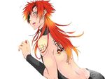  1boy androgynous arm_tattoo ass back back_tattoo blonde_hair blue_eyes blush butt_crack eyepatch from_behind gradient_hair headband long_hair looking_at_viewer looking_back male_focus musashi_(nanbaka) nail_polish nanbaka number_tattoo open_mouth orange_hair scar simple_background solo sweatdrop sweater tattoo two-tone_hair virgin_killer_sweater white_background wristband 
