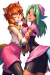  animal_ears ass bandana bare_shoulders bike_shorts blush breasts choker commentary_request fang fish_girl fox_ears green_eyes green_hair head_fins juri_(yuu_yuu_hakusho) koto_(yuu_yuu_hakusho) kuroshio_(zung-man) lipstick long_hair looking_at_viewer makeup medium_breasts microphone monster_girl multiple_girls navel open_mouth pantyhose ponytail purple_eyes short_hair shorts smile tail yuu_yuu_hakusho 