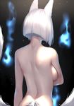  animal_ears azur_lane back black_background blue_fire bob_cut breasts covering covering_breasts deras facing_away fire fox_ears fox_tail from_behind kaga_(azur_lane) medium_breasts multiple_tails nape nude shiny shiny_hair short_hair shoulder_blades sideboob silver_hair simple_background solo tail upper_body 