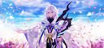  blue_eyes blue_sky cloud cloudy_sky eyebrows_visible_through_hair fate/grand_order fate_(series) hair_between_eyes highres holding holding_staff long_hair looking_at_viewer male_focus merlin_(fate) outdoors parted_lips petals robe shutsuri silver_hair sky smile solo staff very_long_hair 