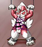  anthro balls bdsm bondage bound canine censored clothed clothing costume lycanroc male mammal midnight_lycanroc nintendo penis pok&eacute;mon pok&eacute;mon_(species) shiny simple_background smile solo video_games 装甲 