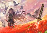  animal armor bangs bird black_hair cloud cloudy_sky crow day eyebrows_visible_through_hair fate_(series) flock flower from_side hair_between_eyes holding holding_sword holding_weapon japanese_armor katana koha-ace long_hair no_hat no_headwear oda_nobunaga_(fate) outdoors rioka_(southern_blue_sky) sky solo spider_lily standing sword very_long_hair weapon 