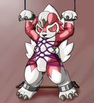  anthro balls bdsm bondage bound canine clothed clothing costume lycanroc male mammal midnight_lycanroc nintendo pok&eacute;mon pok&eacute;mon_(species) rope shiny simple_background smile solo video_games 装甲 