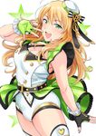  :d blonde_hair blush breasts cleavage cowboy_shot fingerless_gloves gloves green_eyes green_gloves hat highres hoshii_miki idolmaster idolmaster_(classic) idolmaster_stella_stage large_breasts leotard long_hair looking_at_viewer open_mouth smile solo star thighhighs top!_clover tsurui v white_background 
