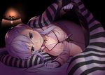  alternate_costume azur_lane bed bed_sheet belfast_(azur_lane) black_panties blanket blue_eyes blush braid breasts byte_(allbyte) chain cleavage closed_mouth collarbone dark_background foreshortening french_braid gloves large_breasts long_hair long_sleeves looking_at_viewer lying nose_blush on_bed on_side panties pillow pink_hair pink_shirt shirt smile solo striped_pillow tareme thigh_gap thighs under_covers underwear white_gloves 