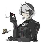  black_cape black_eyes black_gloves black_hair black_jacket cape cigarette dice gloves hair_between_eyes highres holding holding_cigarette jacket jitome long_sleeves looking_at_viewer made_in_abyss multicolored_hair ozen parted_lips poker_chip servomotorr shaded_face short_hair simple_background smirk smoke solo two-tone_hair upper_body whistle white_background white_hair 