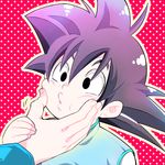  black_eyes black_hair cheek_pinching chinese_clothes dragon_ball dragon_ball_z hands looking_away lowres male_focus out_of_frame pinching red_background rochiko_(bgl6751010) short_hair simple_background solo_focus son_goten spiked_hair white_background 