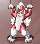  anthro balls bdsm bondage bound canine clothed clothing costume lycanroc male mammal midnight_lycanroc nintendo pok&eacute;mon pok&eacute;mon_(species) shiny simple_background smile solo video_games 装甲 