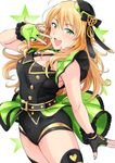  :d blonde_hair blush breasts cleavage cowboy_shot fingerless_gloves gloves green_eyes green_gloves hat highres hoshii_miki idolmaster idolmaster_(classic) idolmaster_stella_stage large_breasts leotard long_hair looking_at_viewer open_mouth smile solo star thighhighs top!_clover tsurui v white_background 