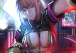  arm_strap backlighting bangs bikini blurry blurry_background braid breasts colored_eyelashes commentary_request covered_nipples cyberpunk dark elbow_gloves fate/grand_order fate_(series) florence_nightingale_(fate/grand_order) gameplay_mechanics gloves green_bikini green_gloves hat head_tilt indoors kanjou_jouki large_breasts latex latex_gloves light_smile looking_at_viewer nurse_cap outstretched_arms pink_bikini pink_hair red_eyes revealing_clothes sadism short_sleeves shrug_(clothing) sidelocks single_braid solo stethoscope stomach subtitled swimsuit translation_request trick_or_treatment upper_body 
