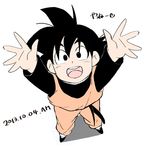  2013 :d arms_up black_eyes black_hair dated dougi dragon_ball dragon_ball_z happy heart long_sleeves looking_at_viewer looking_up lowres male_focus open_mouth outstretched_arms rochiko_(bgl6751010) short_hair simple_background smile solo son_goten spiked_hair translation_request white_background 
