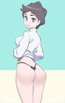  1girl ass blue_eyes breasts brown_hair carnet_(pokemon) from_behind full_body looking_at_viewer pokemon pokemon_xy short_hair smile solo sweater thong turtleneck_sweater 