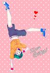  :d bare_legs baseball_cap belt black_eyes black_hair blue_footwear blush character_name dragon_ball dragon_ball_z hand_on_own_head handstand happy hat heart lace-up_shoes male_focus navel open_mouth orange_shirt pink_background polka_dot polka_dot_background rochiko_(bgl6751010) shirt shoes short_hair shorts simple_background smile solo son_goten text_focus upside-down white_background wristband 
