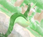  blush breasts busty_feral dutch_angle female feral forest green_theme hot_spring kajinchu nintendo nipples non-mammal_breasts outside pok&eacute;mon pok&eacute;mon_(species) reptile scalie serpentine serperior side_boob solo tree tsutami video_games water 