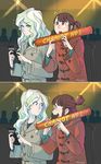  2girls :d :o arena artist_name bangs blonde_hair blue_eyes brown_hair buttons cellphone chair closed_mouth coat commentary diana_cavendish double-breasted eye_contact eyebrows_visible_through_hair eyelashes frown half_updo highres holding holding_phone hooded_coat kagari_atsuko little_witch_academia long_hair long_sleeves looking_at_another looking_at_phone looking_to_the_side looking_up multiple_girls open_mouth parody phone pointing pointing_at_self red_coat red_eyes sidelocks silhouette smile stage_lights ticcy toggles upper_body wavy_hair 