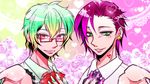  2boys androgynous blonde_hair bow bust colored_eyebrows colored_eyelashes earrings glasses gradient_background gradient_hair green_eyebrows green_eyelashes green_eyes green_hair hair_between_eyes heart heart_tattoo honey_(nanbaka) lace lip_gloss lips long_fingernails looking_at_viewer male_focus mole multicolored_hair multiple_boys nail_polish nanbaka neck_tattoo parted_lips payot pink_background pink_eyes pink_hair purple_hair reaching roses short_hair smile sparkle tattoo trap trois_(nanbaka) two-tone_hair wavy_hair yellow_background 
