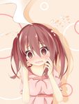  @_@ blush breasts brown_eyes brown_hair commentary_request dress ebina_nana flying_sweatdrops hair_tie hands_on_own_face hands_up head_tilt highres himouto!_umaru-chan kushida_you looking_at_viewer medium_breasts nose_blush open_mouth pink_dress pink_ribbon puffy_short_sleeves puffy_sleeves ribbon short_sleeves smoke solo striped two_side_up upper_body wavy_mouth 