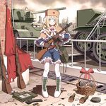  blonde_hair blue_eyes bolt_action boots braid capelet caterpillar_tracks cherry_hair_ornament circle_a commentary_request cross-laced_footwear drum_magazine explosive flag food_themed_hair_ornament full_body fur_hat girls_frontline gloves grenade ground_vehicle gun hair_ornament hat high_contrast lace-up_boots looking_at_viewer military military_vehicle mosin-nagant motor_vehicle pantyhose ppsh-41 ppsh-41_(girls_frontline) red_star rifle ruins skirt smile soviet_flag stick_grenade submachine_gun t-34 tank ushanka weapon 