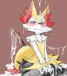  1girl animal_ears artist_request blush braixen bukkake cum cum_on_body cum_on_lower_body cum_on_uper_body excessive_cum facial fang female fox_ears fox_tail furry half-closed_eyes hands_together knees_together_feet_apart looking_up maroon_background navel no_humans pokemon pokemon_(creature) pokemon_xy red_eyes simple_background sitting solo stick tail teeth v_arms wariza wavy_mouth 