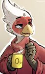  2016 anthro avian beak beverage bird blue_eyes bust_portrait clothed clothing coffee cup english_text feathers holding_cup open_beak open_mouth owo portrait raised_eyebrow simple_background solo spoon steam sweater text turtle_neck white_feather yellow_beak zereno 