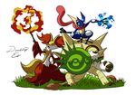  2_toes 3_fingers 3_toes ambiguous_gender amphibian anthro armor barefoot beige_skin blue_skin canine cel_shading chesnaught cream_tail crouching delphox doodlinged fire fluffy fluffy_tail fur grass green_skin green_tail greninja group half-closed_eyes hedgehog hi_res holding_object holding_weapon inner_ear_fluff knight long_tongue looking_away magic_user mammal multicolored_fur multicolored_tail ninja nintendo open_mouth pink_tongue pok&eacute;mon pok&eacute;mon_(species) ranged_weapon red_eyes red_fur red_nose rock shield shuriken signature simple_background size_difference spikes standing toes tongue tongue_out video_games water weapon webbed_feet webbed_hands white_background white_fur white_skin yellow_fur yellow_tail 