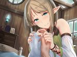  aoi_chizuru bare_shoulders bed blonde_hair blush bracelet commentary_request detached_sleeves dress elf green_dress green_eyes holding_hands indoors jewelry long_hair looking_at_viewer out_of_frame pointy_ears pov pov_hands shelf smile wide_sleeves window 