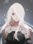  black_dress blue_eyes closed_mouth dress eyelashes hair_over_one_eye jiayue_wu long_hair looking_at_viewer mole mole_under_mouth nier_(series) nier_automata no_pupils pink_lips solo white_hair yorha_type_a_no._2 