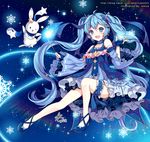  amick_(americanomix) artist_name bangs blue_dress blue_eyes blue_hair bunny detached_sleeves dress eyebrows_visible_through_hair fingerless_gloves full_body gloves hair_ornament hairclip hatsune_miku long_hair looking_at_viewer one_eye_closed open_mouth snowflakes star twintails very_long_hair vocaloid wand yuki_miku yukine_(vocaloid) 