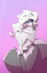  2017 anthro black_fur blue_eyes bottomless chloe_sinclaire clothed clothing conditional_dnp female fur hair jollyjack mammal purple_background simple_background skunk solo sweater white_fur white_hair 