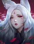  animal_ears banned_artist blurry commentary depth_of_field eyelashes facial_mark forehead_mark fox_ears fox_girl instagram_username lips long_hair looking_at_viewer original paul_kwon petals purple_lips solo teeth watermark web_address yellow_eyes 